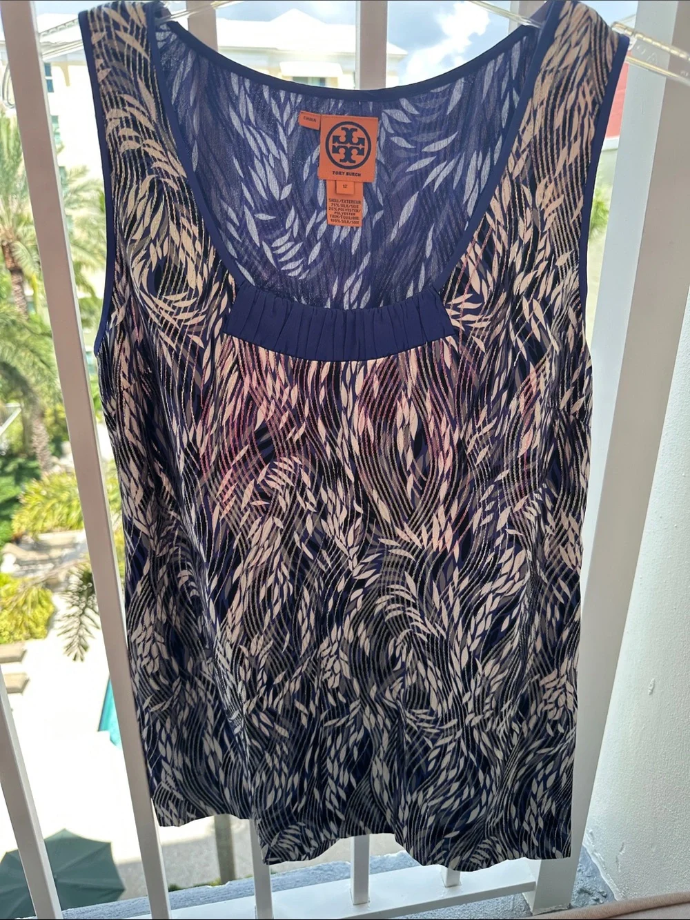 Tory Burch Navy and White Sheer Printed Sleeveless Shell